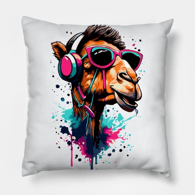 DJ Camel - Colourful Dromedary Camel Head Pillow by BigWildKiwi