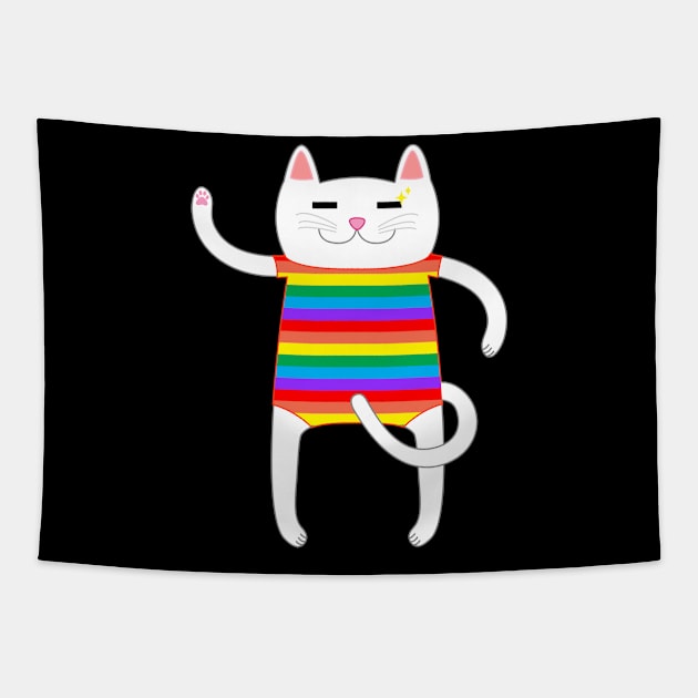 White Cat Wearing a Rainbow Striped Onesie One Piece Swimsuit Tapestry by Babey Bog
