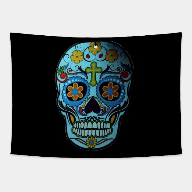 Blue Flowery Sugar Skull Tapestry by Humerushumor