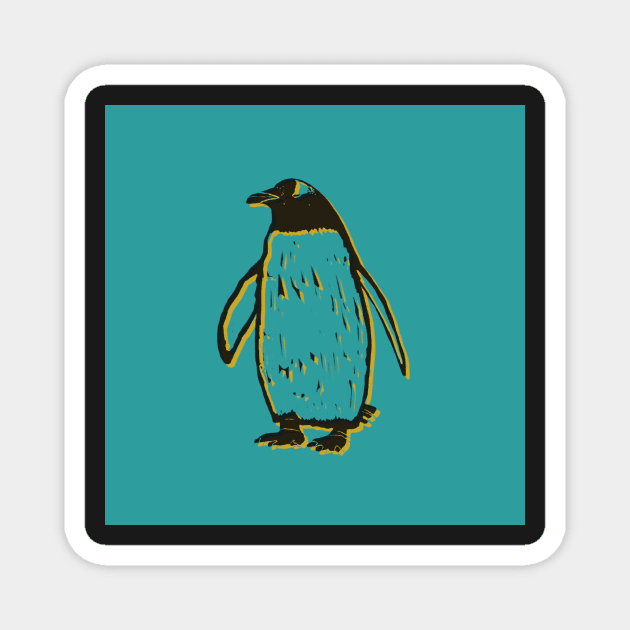 Penguin block print green yellow black Magnet by Kimmygowland