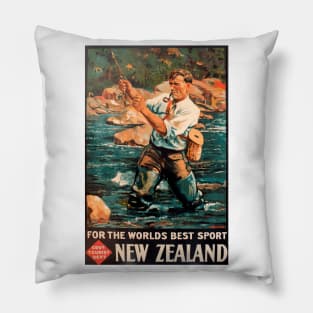 Fly Fishing in New Zealand - Vintage Travel Poster Design Pillow