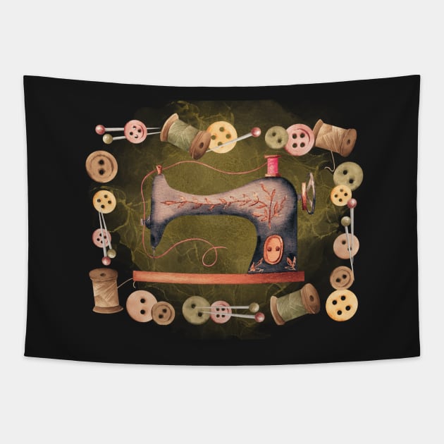 Romantic watercolor sewing maching - dark background Tapestry by Tee's Tees