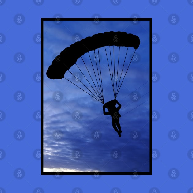 Parachuter Silhouette in Beautiful Blue Sky with a Black Border by Blue Butterfly Designs 