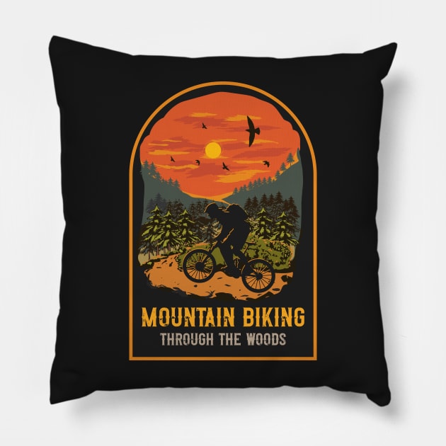 Mountain biking through the woods Pillow by HomeCoquette