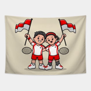 Cute Player Badminton Holding Indonesia Flag Cartoon Tapestry