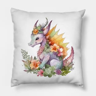 Cute Spring Flower Dragon Watercolor Pillow