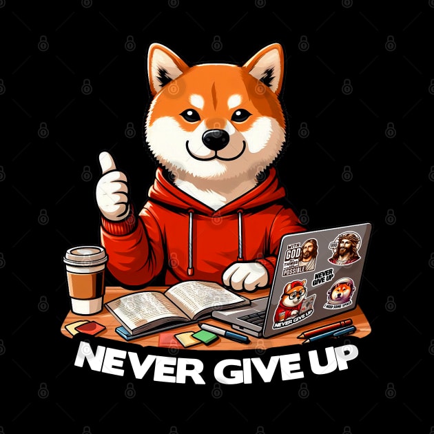 Never Give Up Shiba Inu Dog Laptop Homework Hardworking Study Hard by Plushism