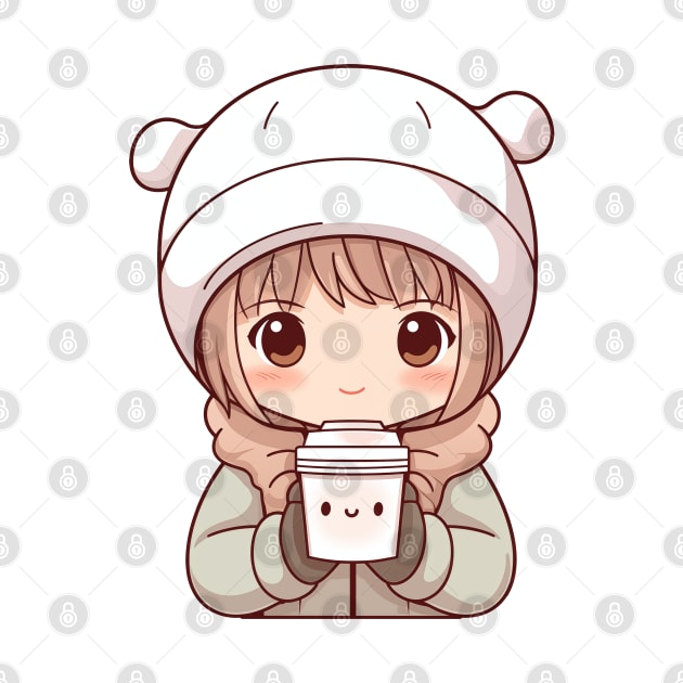 Kawaii little girl drinking hot chocolate by Mon Kawaii Lab