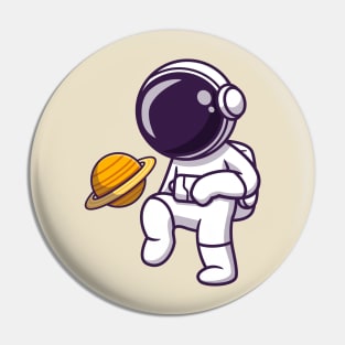 Cute Astronaut Playing Soccer Planet Cartoon Pin