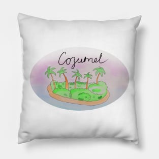 Cozumel watercolor Island travel, beach, sea and palm trees. Holidays and vacation, summer and relaxation Pillow