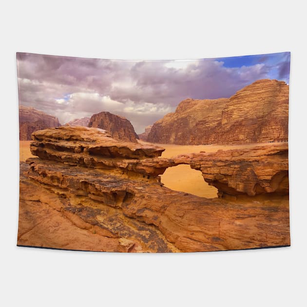 Rock formation with natural arch in the Wadi Rum desert, Jordan Tapestry by Kate-P-