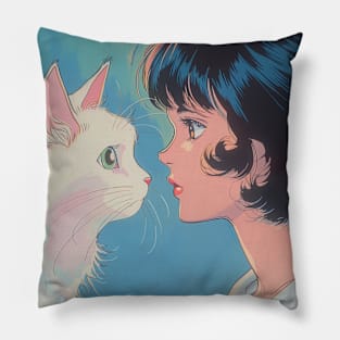 Retro Anime Girl And Cat Vintage Art 70s 80s 90s Pillow