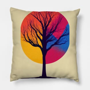 Rainbow Abstract Moon Vibrant Colored Whimsical Minimalist Lonely Tree - Bright Colorful Nature Poster Art of a Leafless Branches Pillow