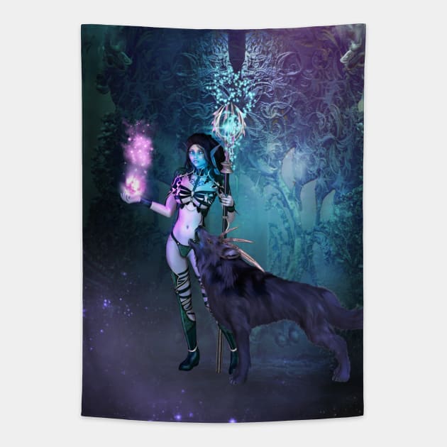 Wonderful fairy with awesome wolf in the night Tapestry by Nicky2342