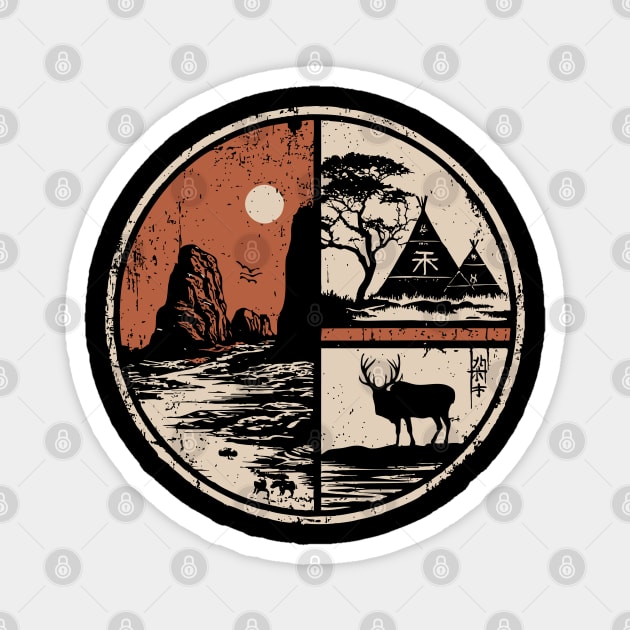 Prehistoric Cave Art Japanese Primitive Design Vintage Circle Magnet by TuncGK
