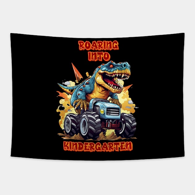 Roaring Into Kindergarten T Rex And Monster Truck Tapestry by coollooks