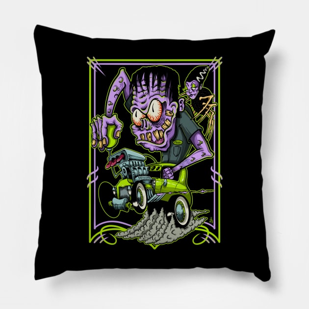 Frankenstein hot rod Pillow by Il villano lowbrow art