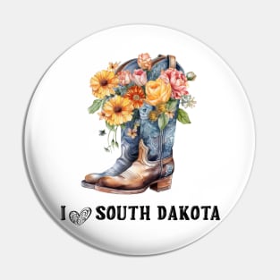 I Love South Dakota Boho Cowboy Boots with Flowers Watercolor Art Pin