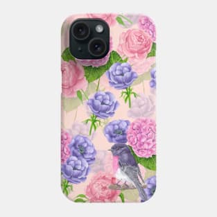 Robin and flowers, watercolor pattern Phone Case