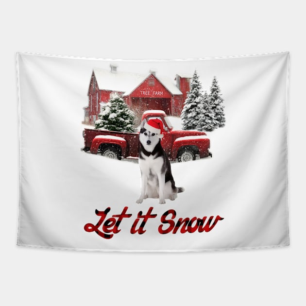 Husky Let It Snow Tree Farm Red Truck Christmas Tapestry by Tagliarini Kristi