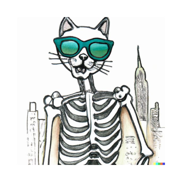 A hipster skeleton cat with shades in New York. by AndyMcBird