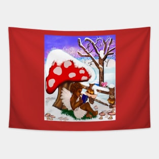 Snow covered mushroom covering Little bookworm angel boy cherub reading a book - tranquil winter scenery Tapestry