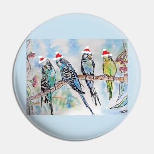 Christmas Budgies Budgerigars Sitting on A Branch Watercolor Painting Pin