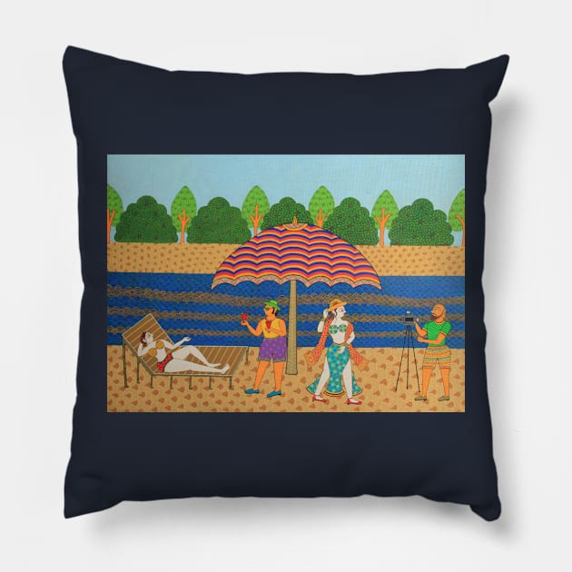 Indian folk art phad painting with modern fusion, Summer beach theme Pillow by gopalpjoshi