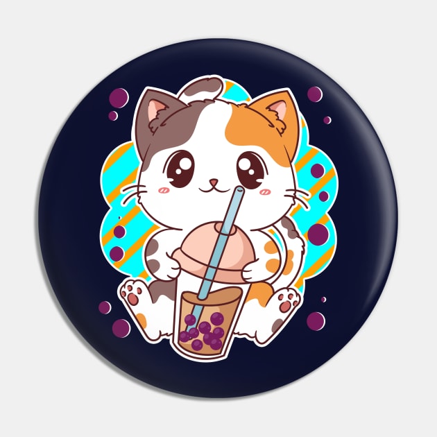 Kawaii Cat Bubble Boba Tea Manga Japanese Pin by E