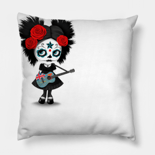 Sugar Skull Girl Playing Fiji Flag Guitar Pillow