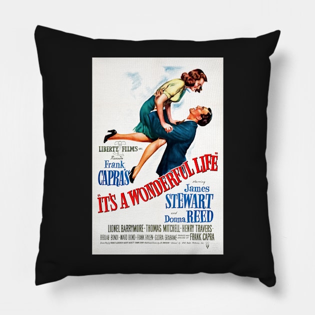 Restored It's A Wonderful Life" Movie Print Featuring Jimmy Stewart and Donna Reed Pillow by vintageposterco