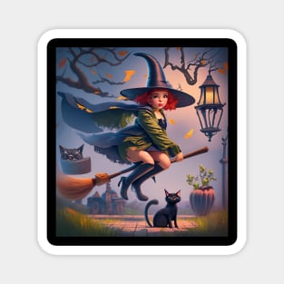 funny witch with a black cat Magnet