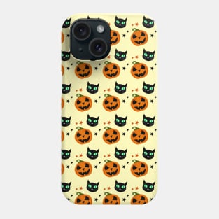 Halloween black cat and orange pumpkin pattern on light pastel yellow Phone Case