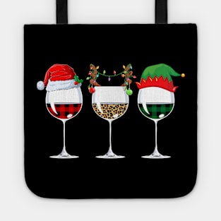 Buffalo Plaid Leopard Wine Glasses Santa Elf Reindeer Christmas Tote