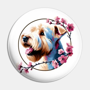 Soft Coated Wheaten Terrier Revels in Spring Cherry Blossoms Pin