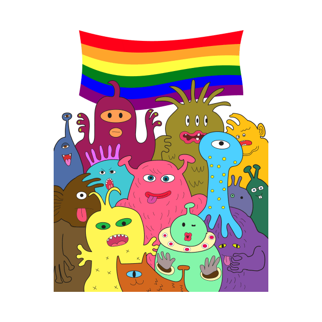 Halloween gay pride celebration. Group of cute alien monsters with lgbtq rainbow flag. by Nalidsa