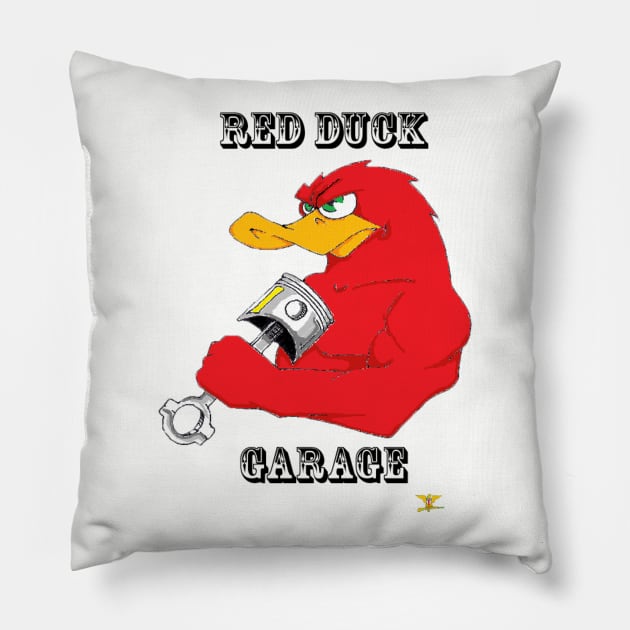 RED DUCK GARAGE LOGO Pillow by disposable762