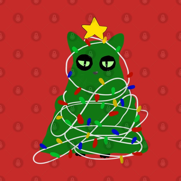 Black cat disguse as Christmas tree with lights and decor by Mermaidssparkle