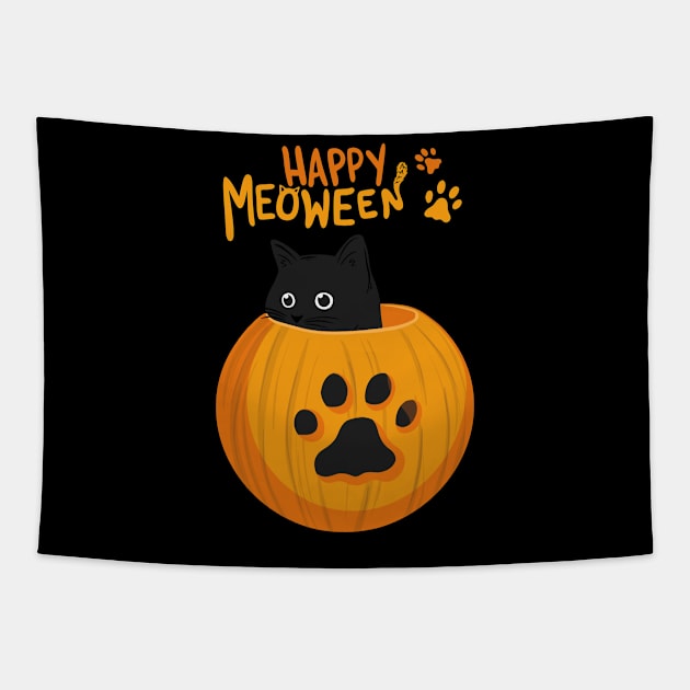 Happy Meoween! Cute Black Cat on Halloween Tapestry by ForAnyoneWhoCares