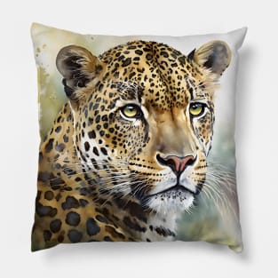 Watercolor Leopard  Portrait on an Abstract green Jungle Background Pillow