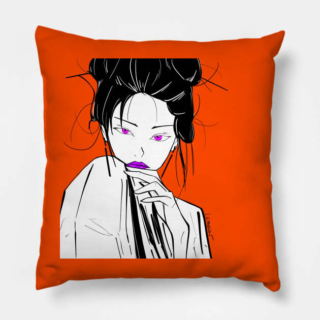 kimono girl ecopop orange art Pillow by jorge_lebeau