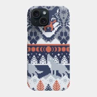 Fair isle knitting grey wolf // pattern // navy blue and grey wolves orange moons and pine trees Phone Case