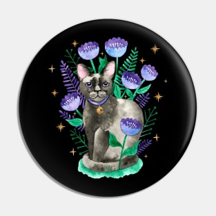 Black Cat and Flowers Pin