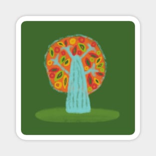 Colorful blue and orange tree on green backdrop in kid's drawing style Magnet