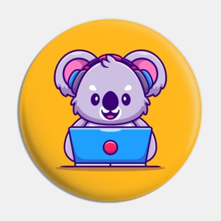 Cute Koala Working on Laptop With Headphone Pin