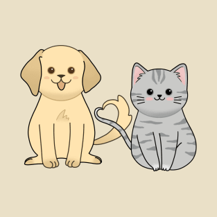 Cute chubby cat and dog with heart tail T-Shirt