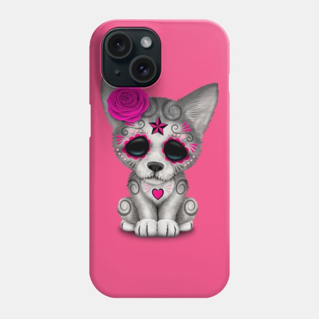 Pink Day of the Dead Sugar Skull Wolf Cub Phone Case by jeffbartels