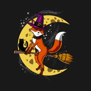 Fox Witch Riding A Broom Halloween T-Shirt