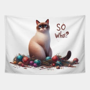 Cat Destroying Christmas Tree Illustration Tapestry