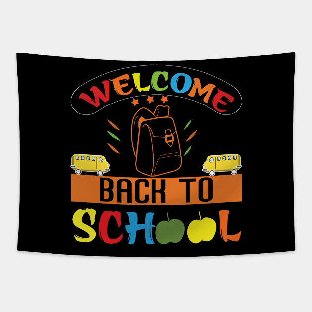 Welcome Back to School with backpack & bus Tapestry by Thumthumlam